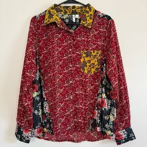 Cato Yellow and Black Boho Floral Patchwork Shirt Blouse Size Large